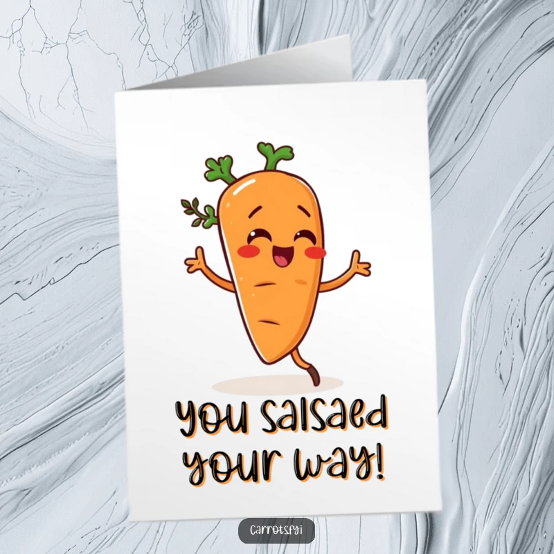 Funny Free Printable Congratulations Card: Carrot character performing a silly dance, seasoned with herbs, celebrating.