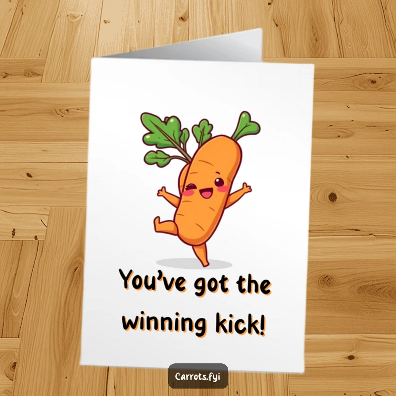 Funny Free Printable Congratulations Card: Carrot doing a playful kick, cheering for success, downloadable.