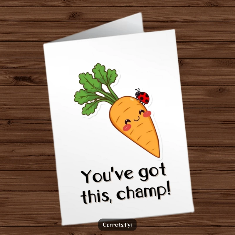 Funny Free Printable Congratulations Card: Smiling carrot with rosy cheeks balancing a ladybug, signifying delicate success and congratulations, a perfect DIY present.