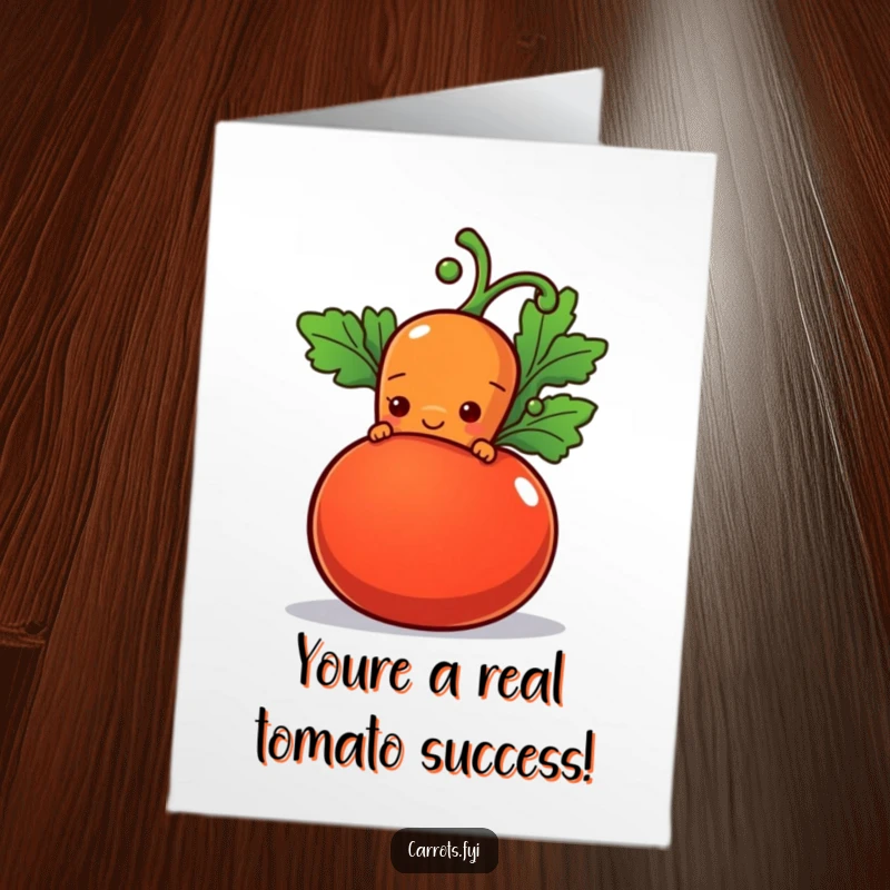 Funny Free Printable Congratulations Card: Shy carrot peeks from behind a tomato with a hopeful smile, offering congratulations.
