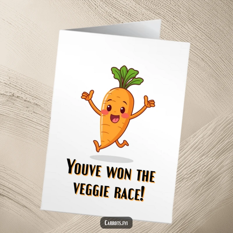 Funny Free Printable Congrats Card: A whole carrot in a suit confidently strides forward, celebrating success.