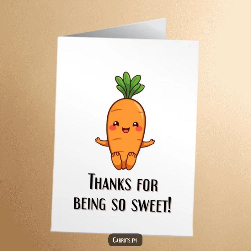 Funny Free Printable Carrot Thank You Card: A smiling carrot wiggles its toes to say thank you, a sweet downloadable art message.