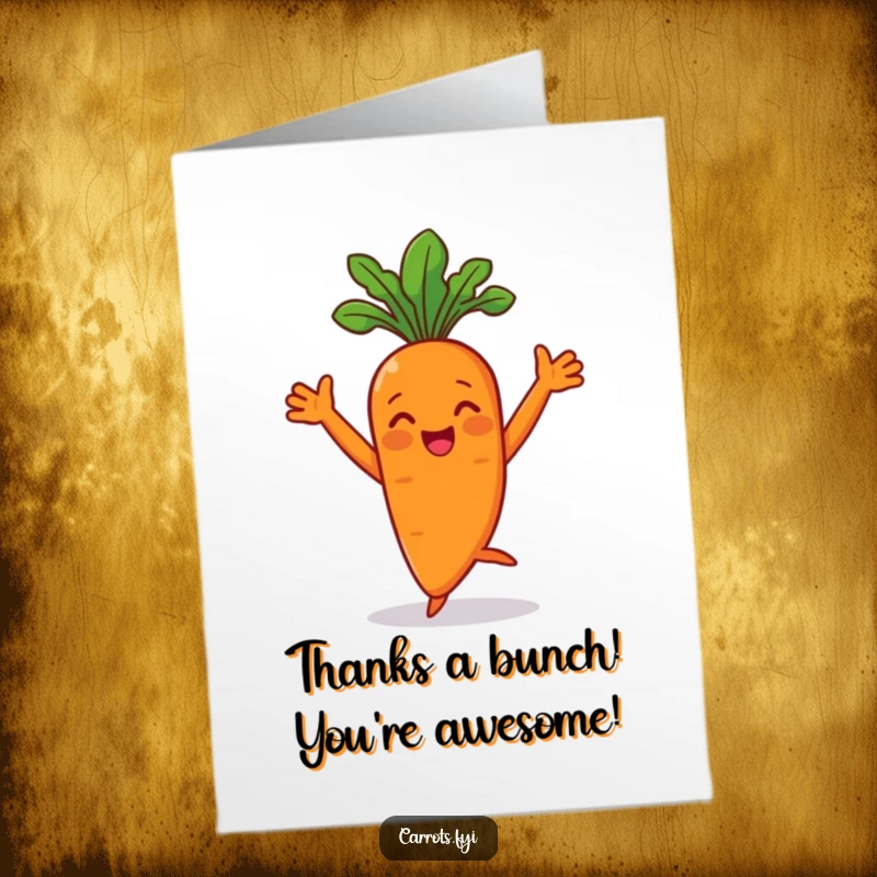 Funny Free Printable Carrot character doing a joyful dance with arms flair, a cheerful thank you message.
