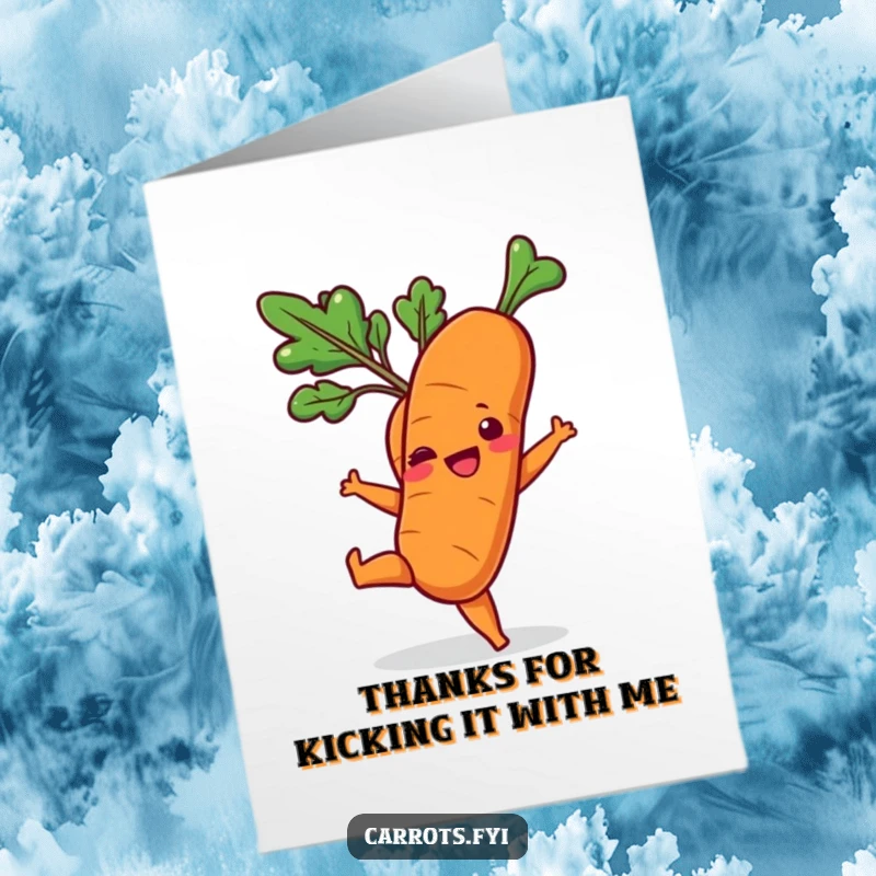 Funny Free Printable Thank You Card: Carrot doing a playful kick, expressing upbeat thanks, downloadable.