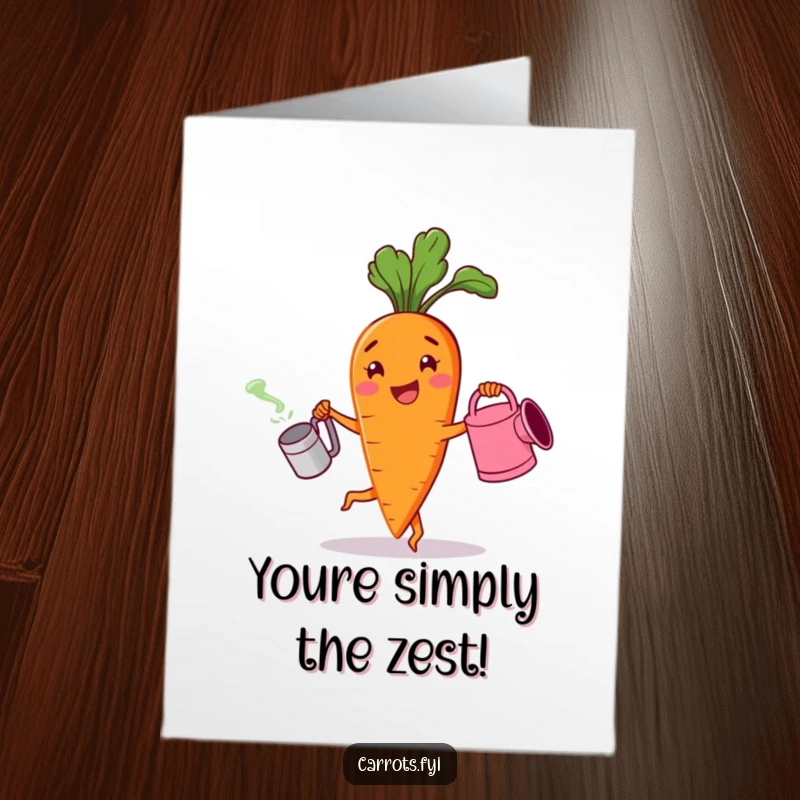 Funny Free Printable Thank You Card: A carrot character happily dancing with a watering can. A fun downloadable gift.