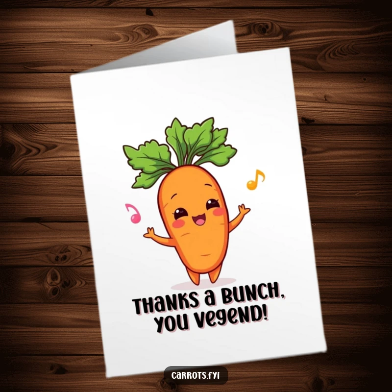 Funny Free Printable Thank You Card: A happy carrot character juggles its top, showing thanks. Perfect for a downloadable gift.