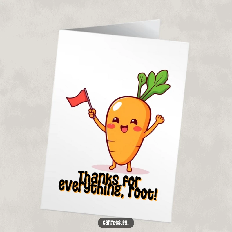 Funny Free Printable Thank You Card: A kawaii carrot character waves a miniature flag, showing thanks.