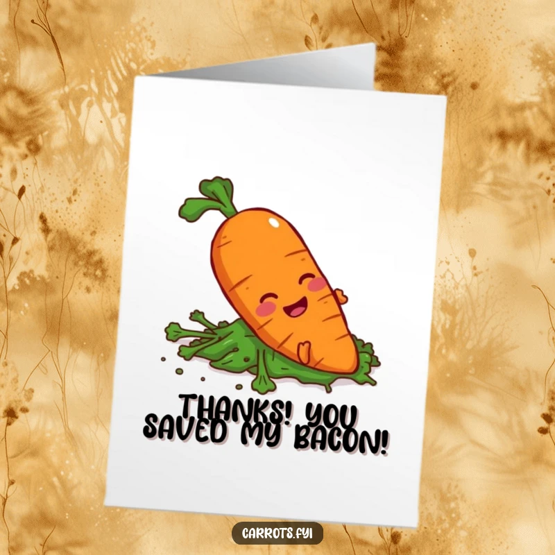 Funny Free Printable Carrot character comically slipping on a spilled pile of greens, a hilarious thank you.