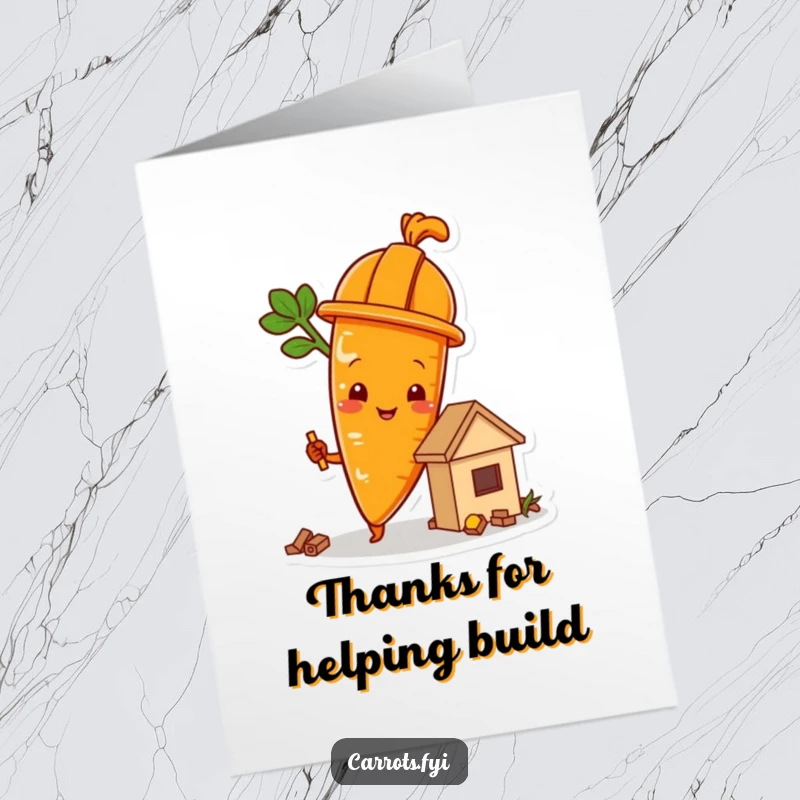 Funny Free Printable Thank You Card: A carrot wearing a hard hat carefully constructing a small food item, extending thanks for assistance.