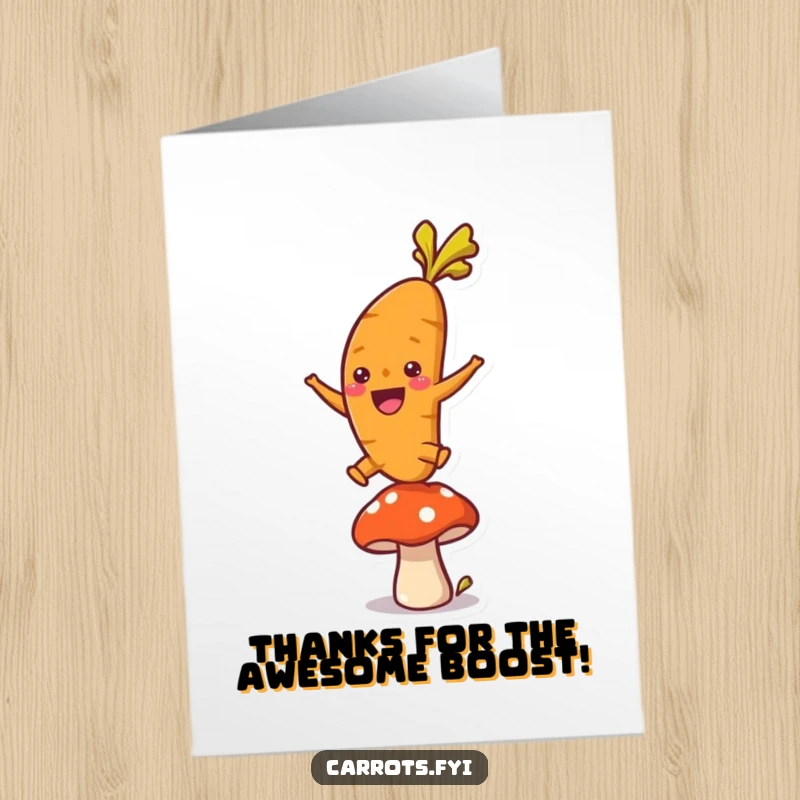 Funny Free Printable Thank You Card: A carrot leaping exuberantly over a mushroom, conveying thanks with energy, a humorous downloadable art gift.