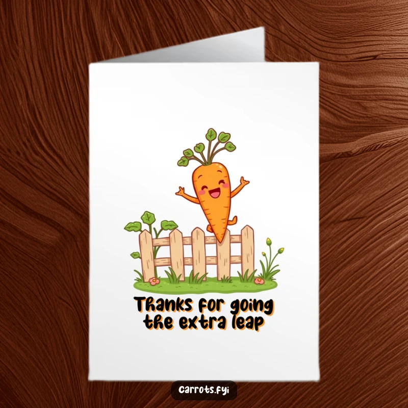 Funny Free Printable Thank You Card: A happy carrot joyfully leaps over a tiny fence, expressing thanks with downloadable enthusiasm.
