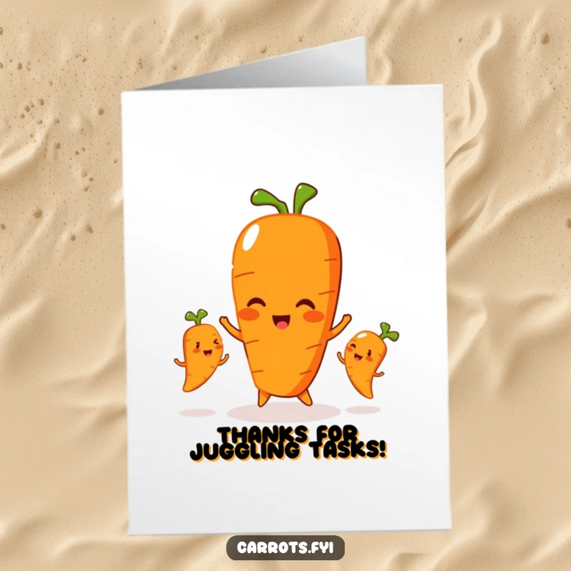 Funny Free Printable Thank You Card: A carrot character playfully juggles three smaller, smiling carrots, expressing thanks.
