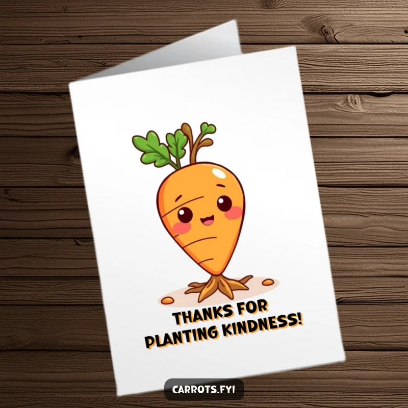 Funny Free Printable Thank You Card: Playful carrot character sprouting tiny roots, conveying deep and grounded gratitude.