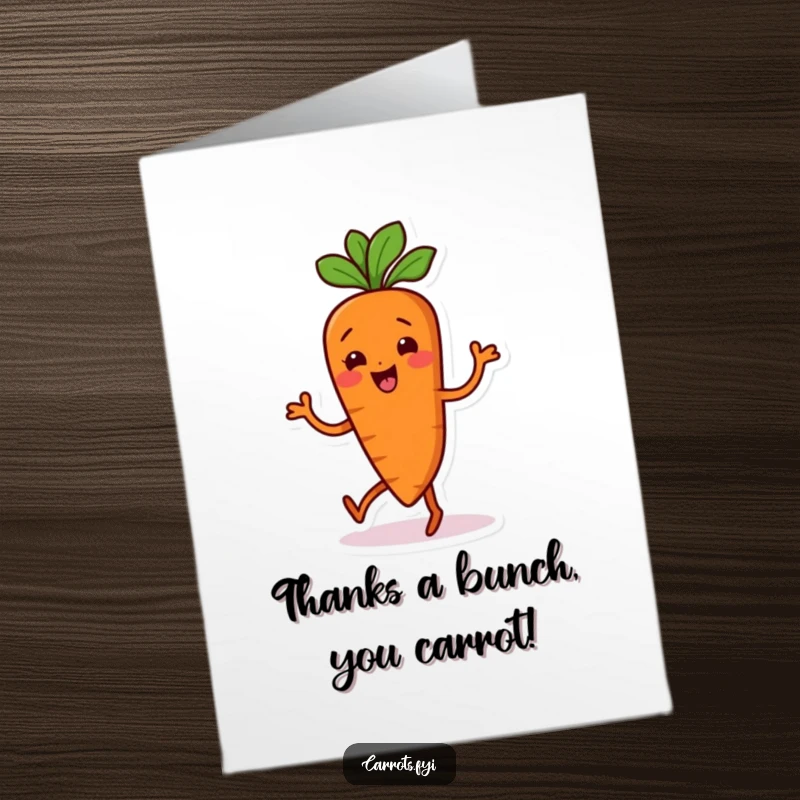 Funny Free Printable Thank You Card featuring a carrot character doing a silly, wiggling dance of gratitude.