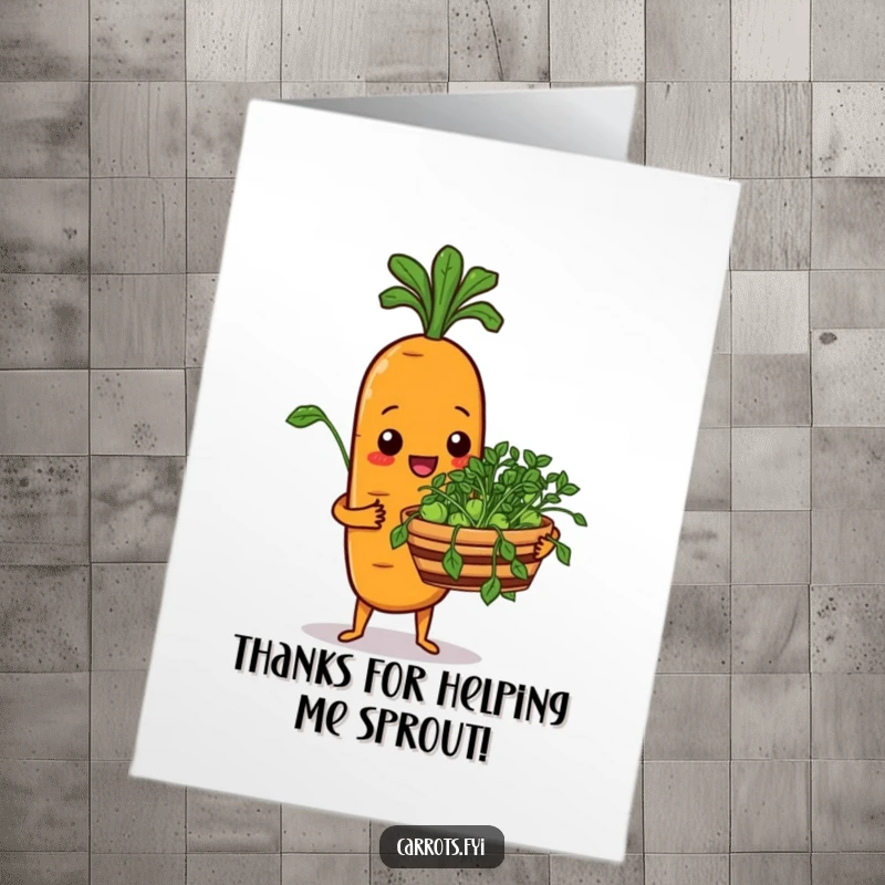 Funny Free Printable Thank You Card showing a smiling carrot offering a basket of sprouts, perfect for showing thanks.
