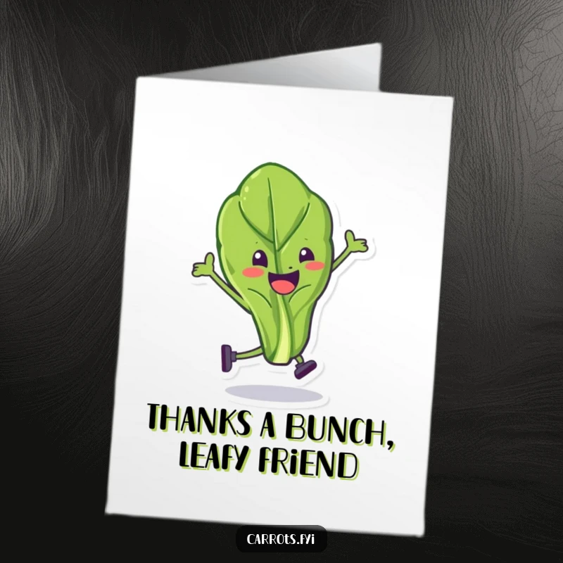 Funny free printable thank you card featuring a happy spinach leaf character caught mid-silly-stunt, conveying thanks.