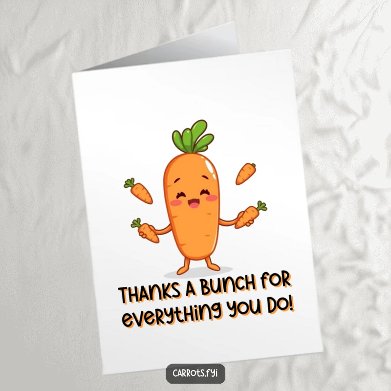 Funny Free Printable Thank You Card: an anthropomorphic carrot gleefully juggling smaller carrot sticks, perfect for a unique downloadable message.