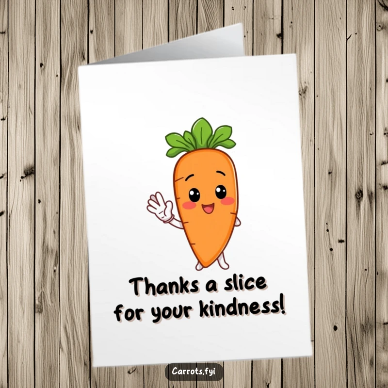 Funny Free Printable Thank You Card: an anthropomorphic carrot offering a friendly wave with a carrot slice, a warm downloadable.