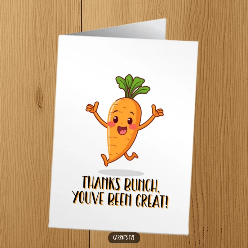 Funny Free Printable Thank You Card: A joyful whole carrot in a suit takes a proud, victorious stride.