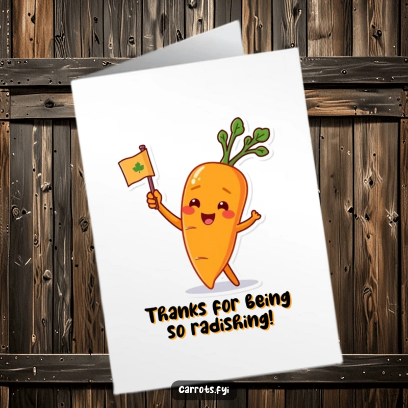 Funny Free Printable Thank You Card: Carrot enthusiastically waving a small flag, a cheerful expression of thanks.