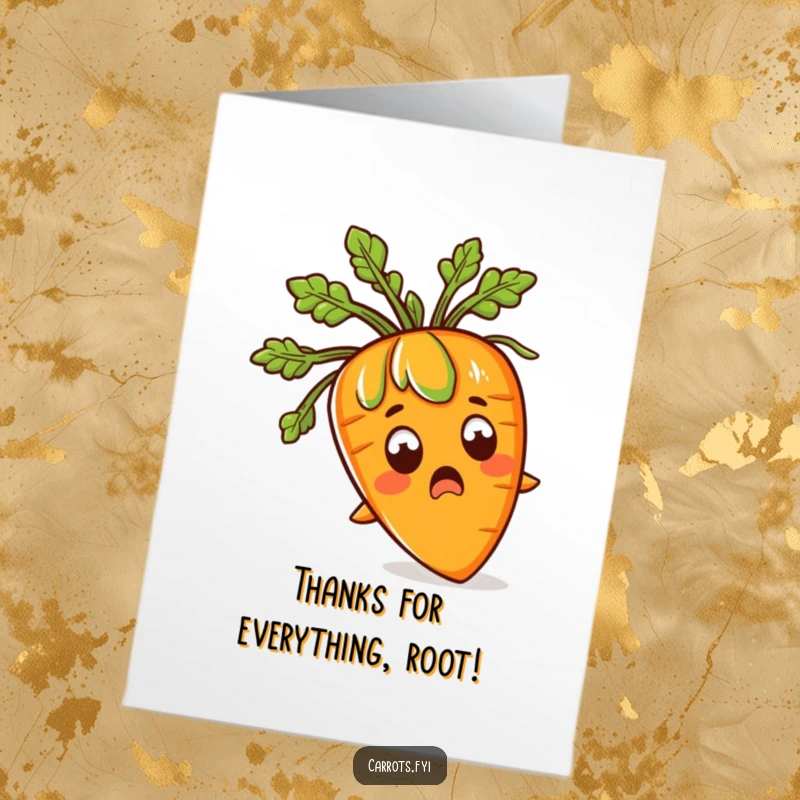 Funny Free Printable Thank You Card: A carrot stunned into sprouting green hair expresses heartfelt thanks with a comedic twist.