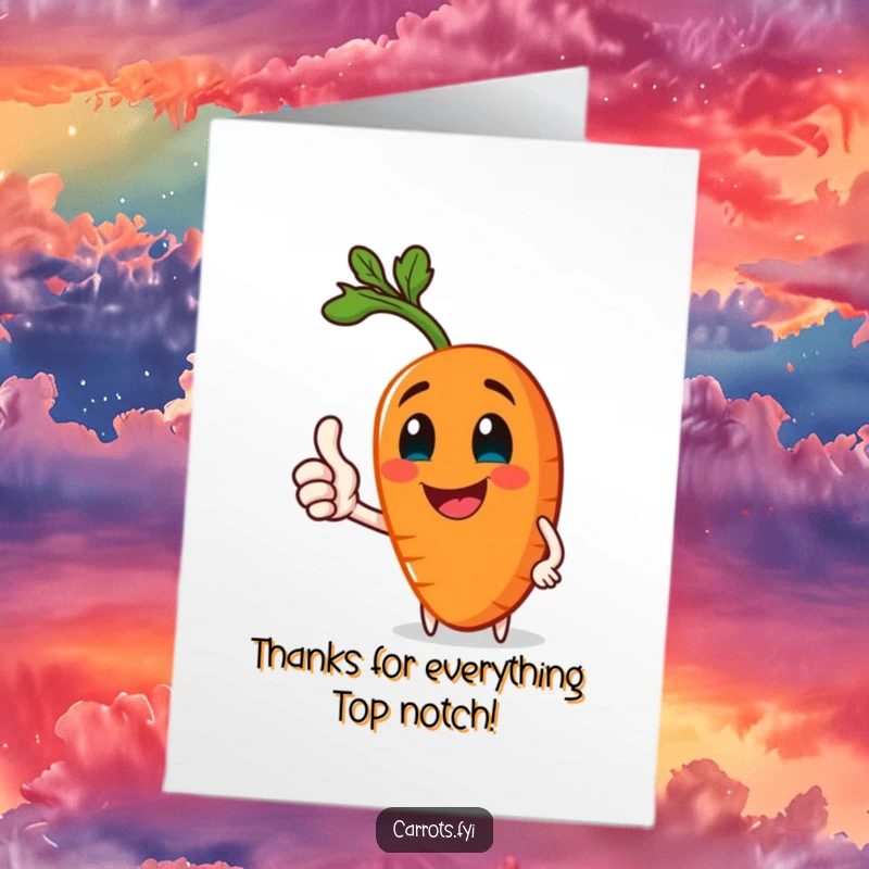 Funny Free Printable Thank You Card with a happy, healthy carrot character offering a prominent thumbs-up of appreciation.