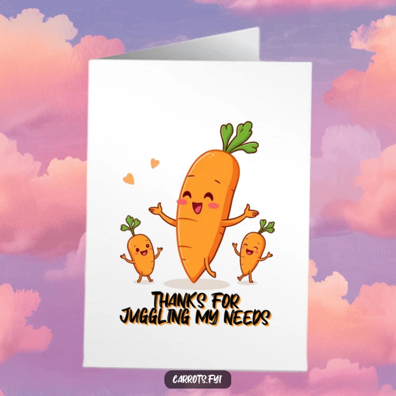 Funny Free Printable Thank You Card: A happy carrot juggles roots, expressing thanks with a playful, downloadable touch.