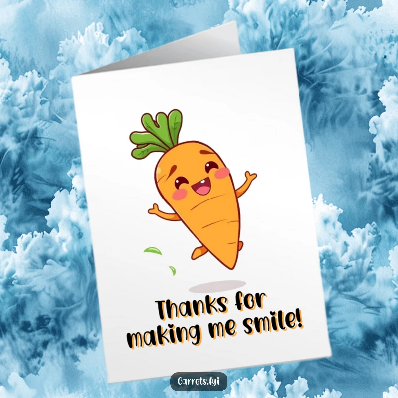 Funny Free Printable Thank You Card: A carrot with a wide grin bounces playfully, leaving a trail of fresh scent.