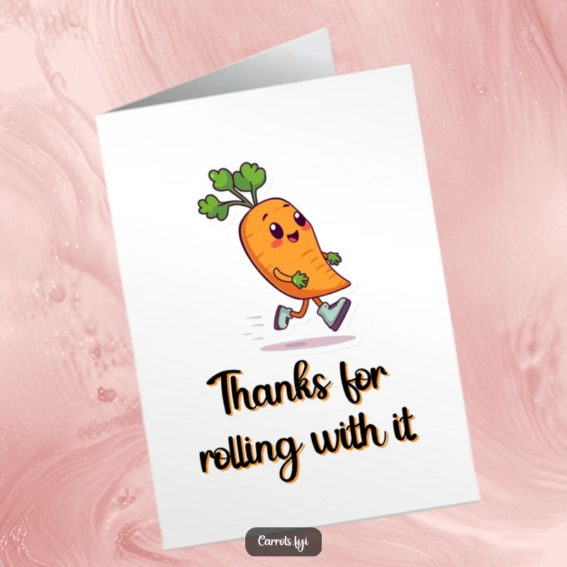 Funny Free Printable Thank You Card: A happy carrot wearing roller skates speeds along, expressing thanks with downloadable joy.