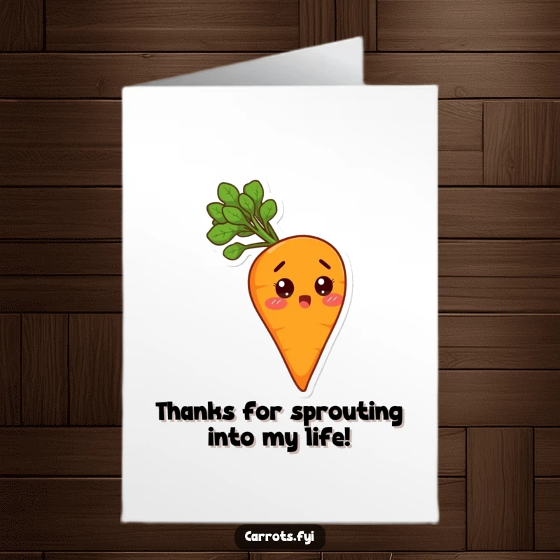 Funny Free Printable Thank You Card: an astonished anthropomorphic carrot with lush leafy green hair, a humorous downloadable message.
