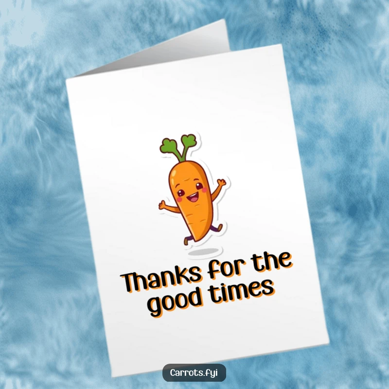 Funny Free Printable Thank You Card: a happy carrot character performs a delightful, wiggling dance of gratitude.