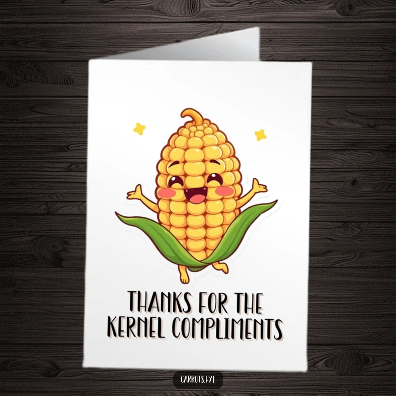 Funny Free Printable Thank You Card: An anthropomorphic corn kernel character spinning joyfully to express gratitude.
