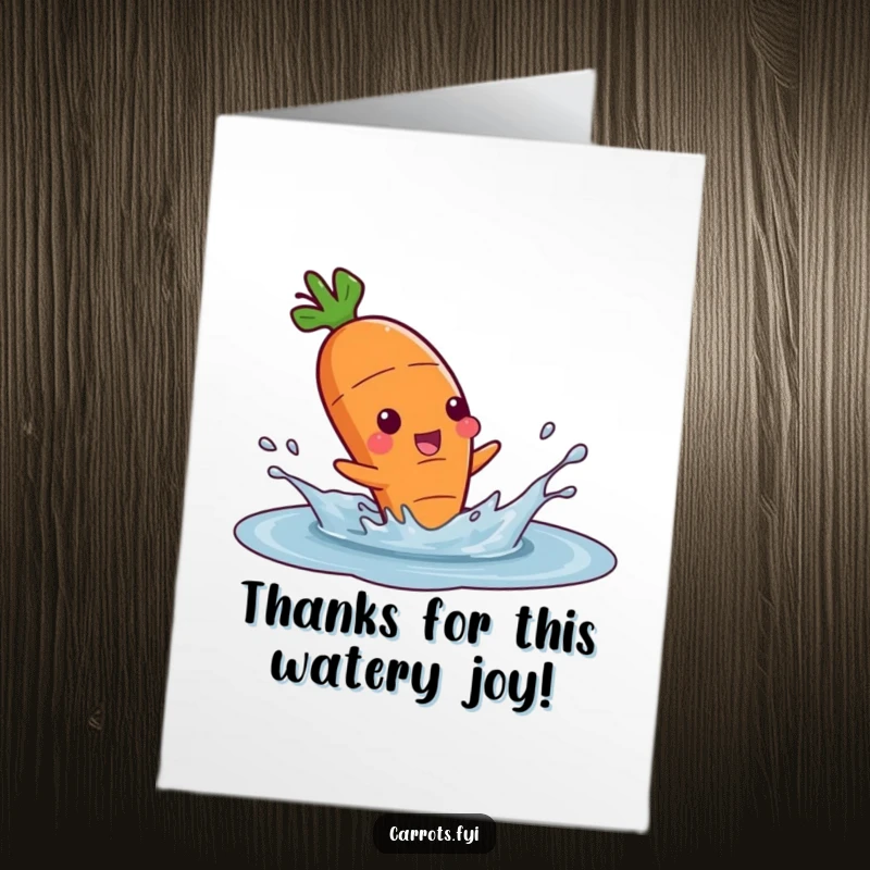 Funny Free Printable Thank You Card: Carrot character splashing in water, conveying thanks with humor.