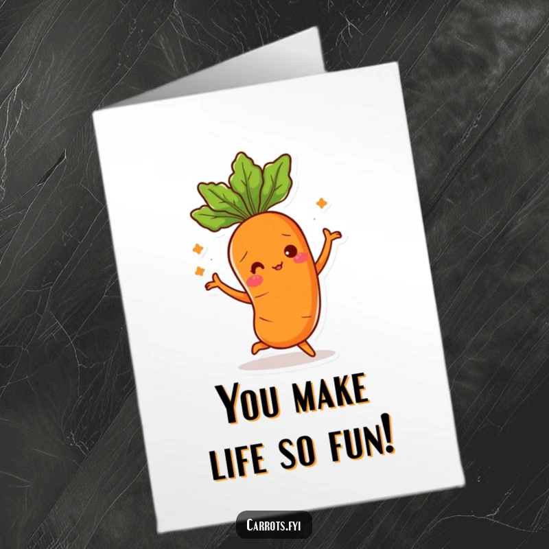 Funny Free Printable Thank You Card of a carrot doing a silly dance with its leafy top, ideal for thanks.