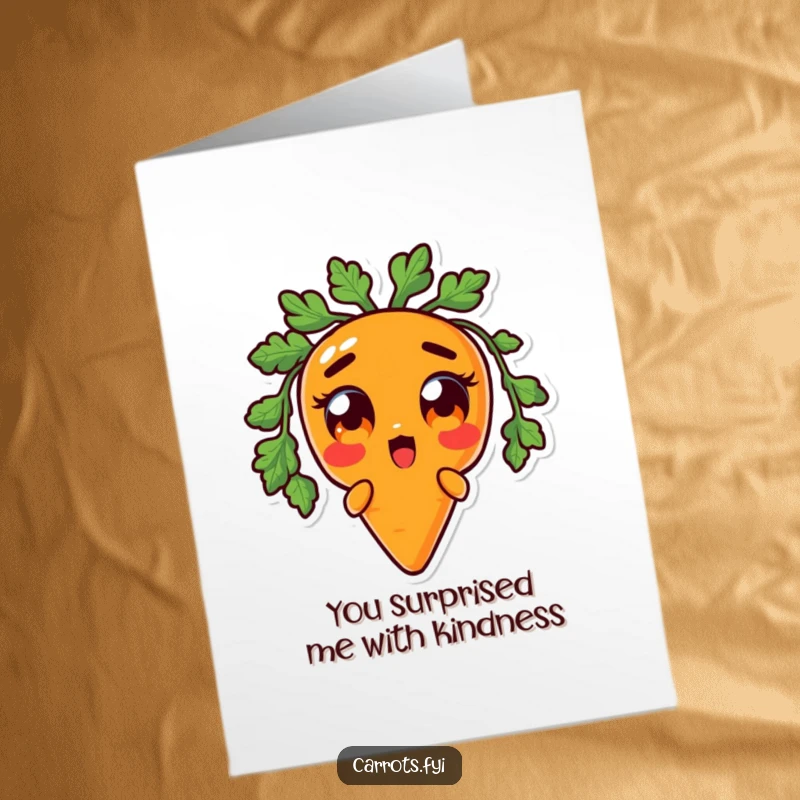 Funny Free Printable Thank You Card: Anthropomorphic carrot character with large, amazed orange eyes, expressing surprise.
