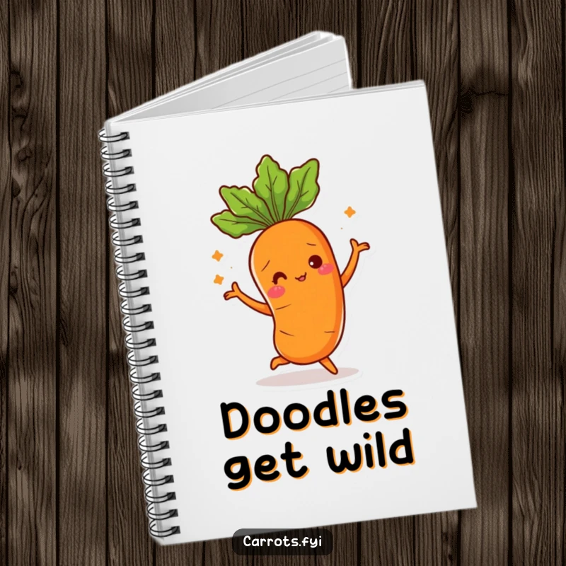 Funny notebook cover with a carrot character doing a silly dance, its leafy top swaying, ideal for jotting down ideas.