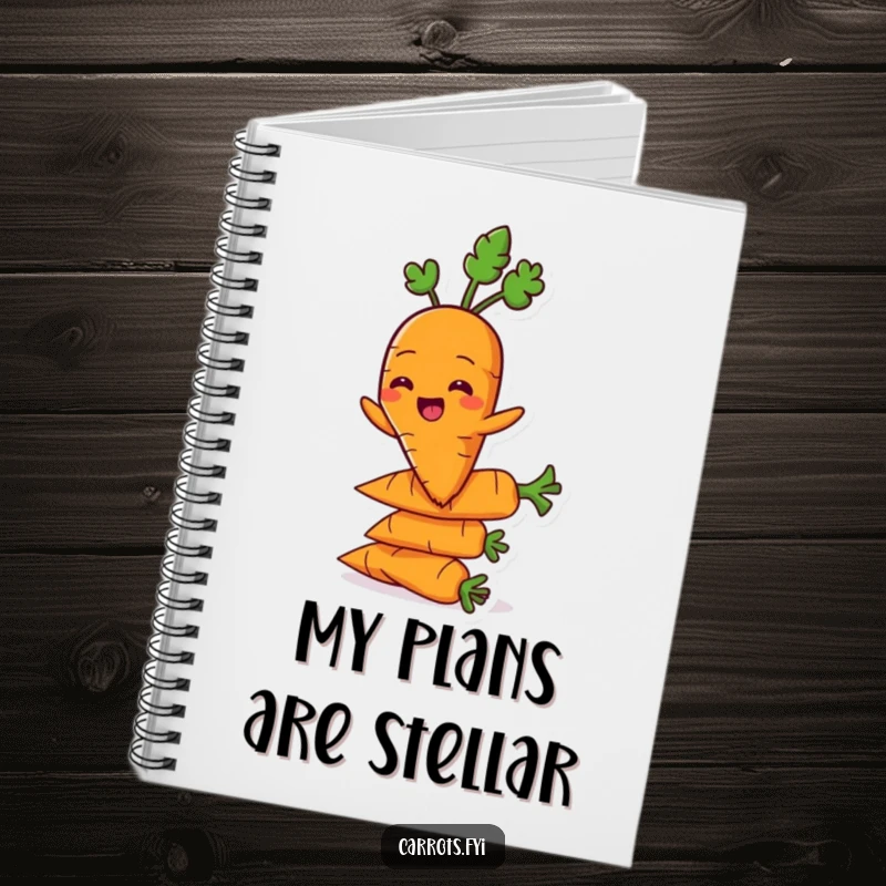 Funny carrot character grinning on a notebook cover while balancing on carrots, perfect for notes.