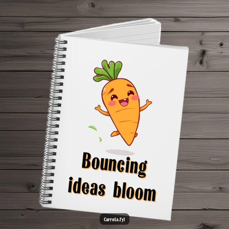 Funny notebook featuring a happy carrot character with a wide grin bouncing playfully, leaving a fresh scent trail, for joyful notes.