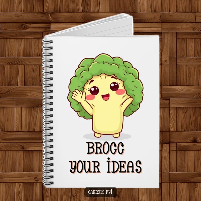 Funny notebook featuring a cute broccoli floret character giving a friendly wave, ideal for jotting down notes humorously.