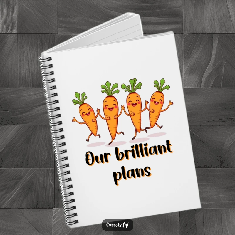 Funny Carrot Bunch Notebook featuring grinning carrots doing a synchronized dance, perfect for jotting down ideas.