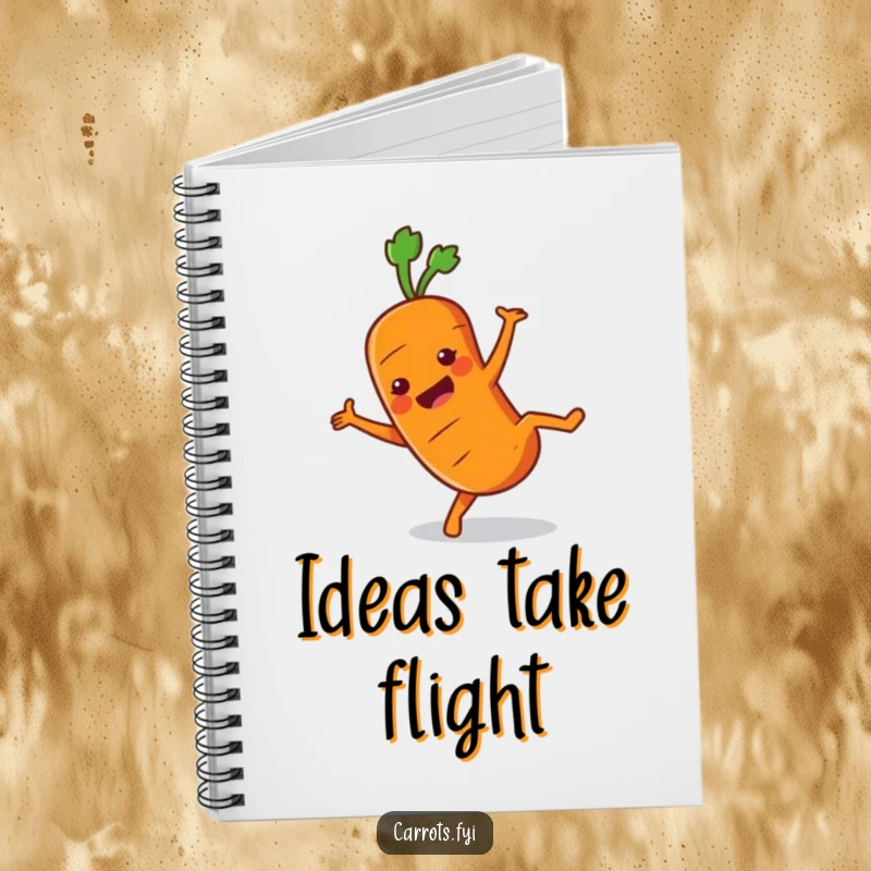 Funny Carrot Notebook featuring an energetic carrot character doing a cartwheel, perfect for capturing creative thoughts.