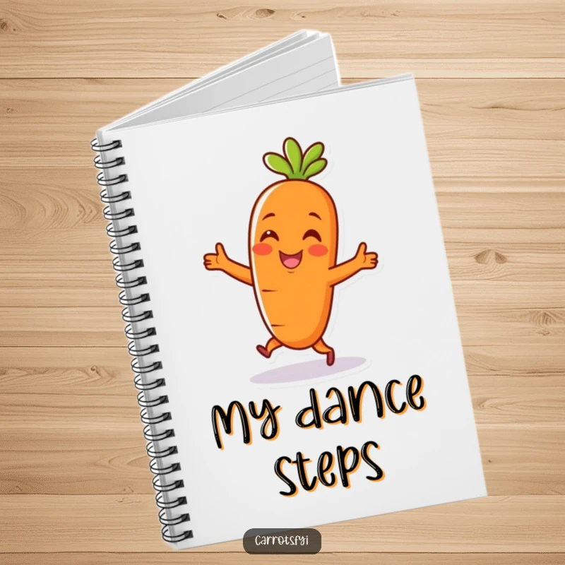 Funny notebook featuring a cheerful carrot character doing a happy dance, ideal for jotting down notes humorously.
