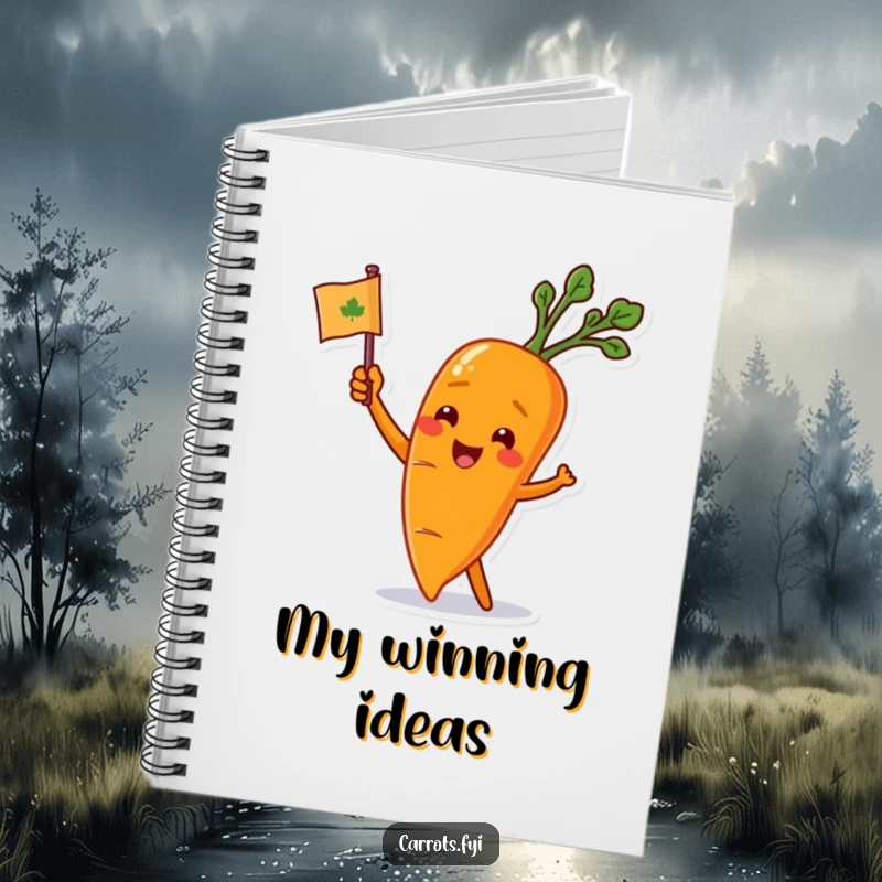 Funny carrot character waving a leafy flag on a notebook cover, inspiring energetic thoughts and enthusiastic planning.