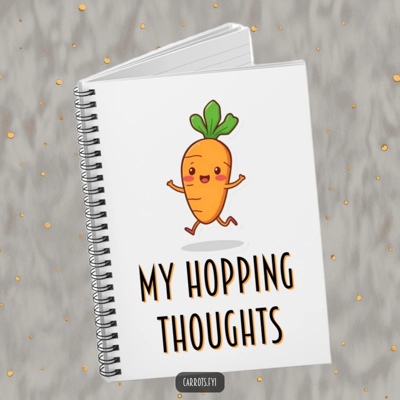 Funny playful carrot notebook with small legs, hopping merrily, ideal for jotting notes with a lighthearted spirit.