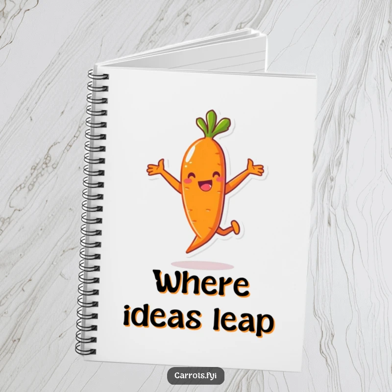 Funny notebook with a cover showcasing an anthropomorphic carrot character in a playful, energetic jump, ideal for jotting down funny ideas.
