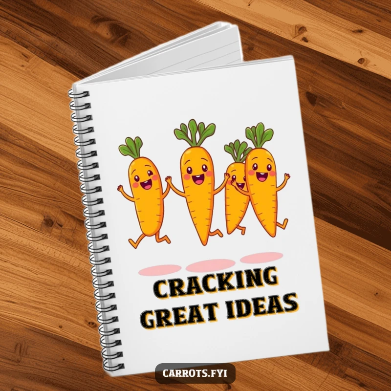 Funny notebook cover featuring a vibrant illustration of carrot characters performing a synchronized jump, their joyful expressions conveying playful energy and humor.