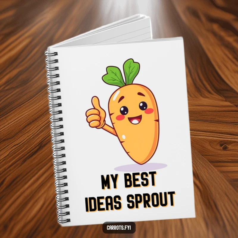Funny notebook featuring a cheerful anthropomorphic carrot character giving a thumbs up, perfect for jotting down brilliant, humorous thoughts.