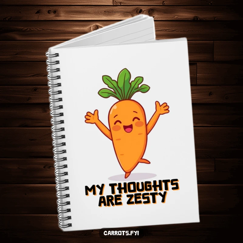 Funny carrot character dancing with arms flair on a notebook cover, perfect for jotting notes.