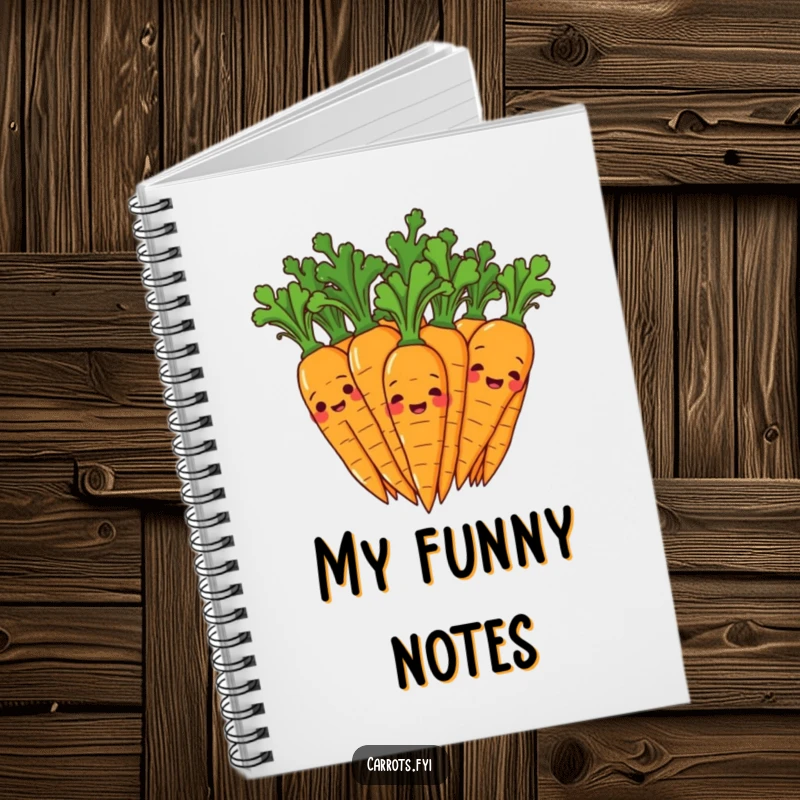 Funny notebook cover with a vibrant illustration of carrot characters giggling and wiggling their leafy tops, conveying infectious humor and joy.