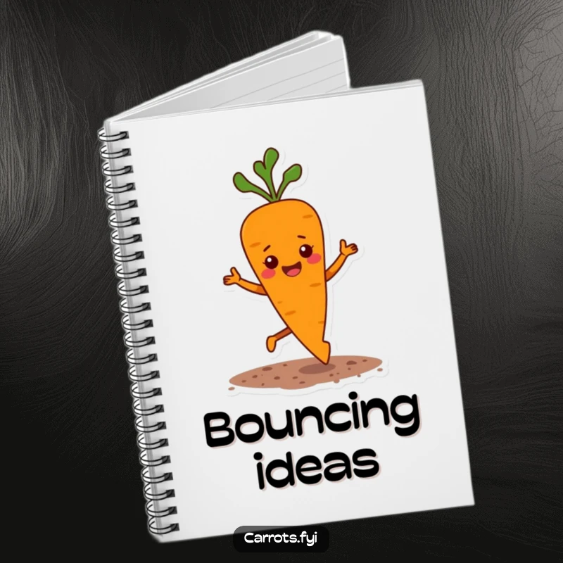 Funny notebook cover featuring a carrot character doing a happy, bouncy jig with small soil flecks flying, for joyful note-taking.